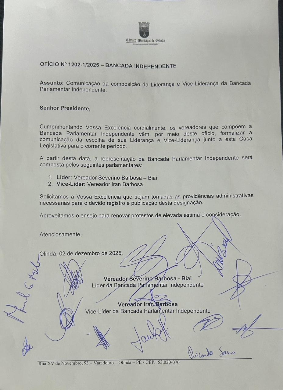 CÂMARA DE OLINDA OFICIALIZA CRIAÇÃO DA BANCADA INDEPENDENTE COM 15 VEREADORES
